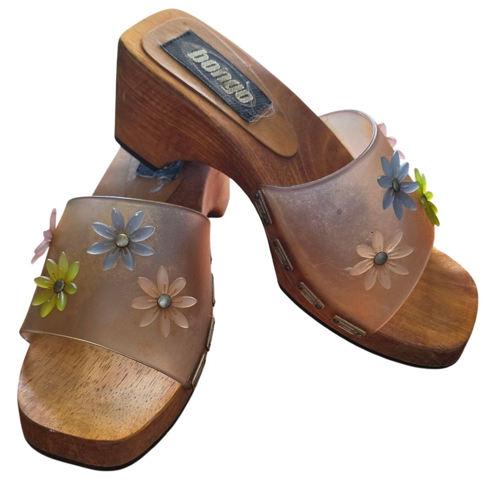 Bongo Vintage 90s Floral Jelly Wood Platform Sandals Slides Made in Brazil US 5‎